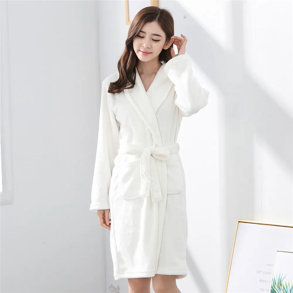 Мягкий коралловый Зимние Теплые ремень Пижама; домашняя одежда флисовый халат, женская одежда для сна ночная рубашка кимоно Халат фланелевый LoungeDress - Цвет: White A