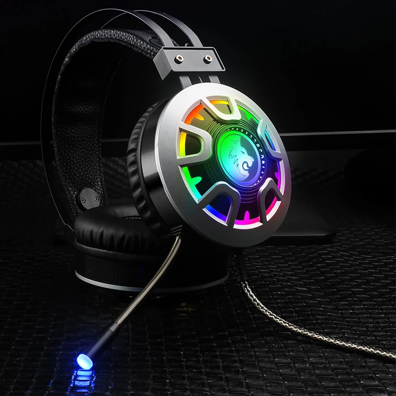 Wired Gaming Headphones Stereo Sound PC Earphones Noise Reduction with Mic Colorful RGB Light Volume Control for Desktop Laptop