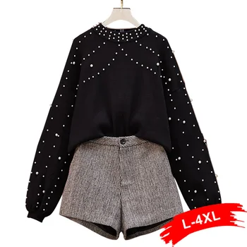 

Womean Plus Size Pearl Beading Sweater Pullover 2 Pieces Sets 4XL Slim Hip Shorts Elegant Korean Fashion Two Piece Suits
