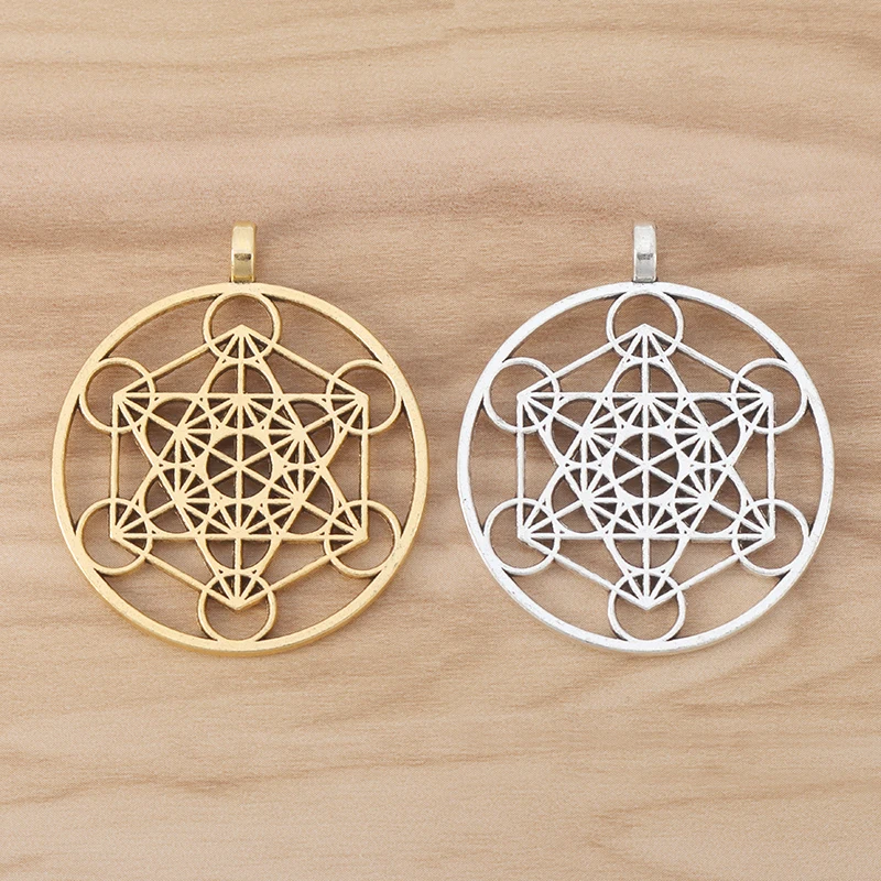 6 Pieces Gold/Silver Color Large Archangel Metatron Cube Symbol Round Charms Pendants for Necklace Jewelry Making Findings 40mm