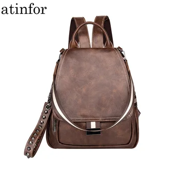 

atinfor Brand Women Leather Backpack Vintage Backpacks Purse Lady Shoulder Bags Rivet