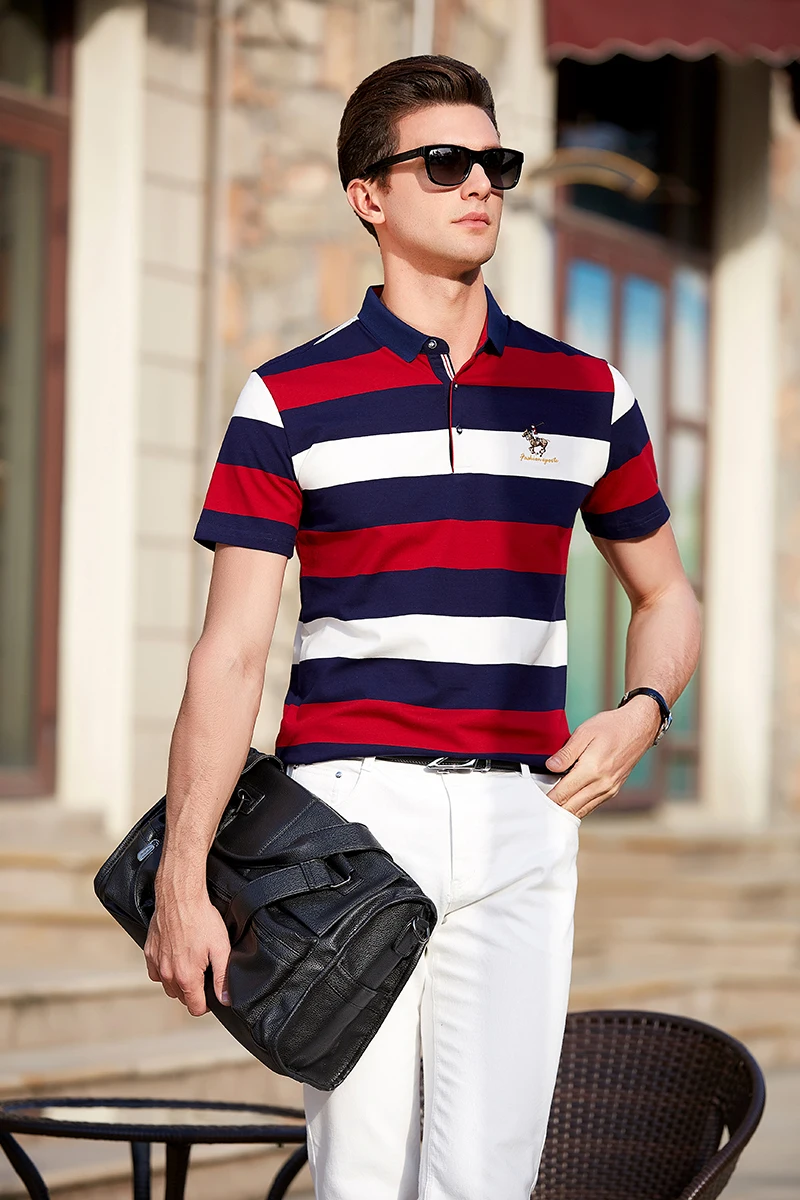 3D Вышивка Poloshirt повседневные рубашки поло мужские с коротким рукавом рубашки поло Высокое качество трикотажные ткани полосатые мужские поло Короткие