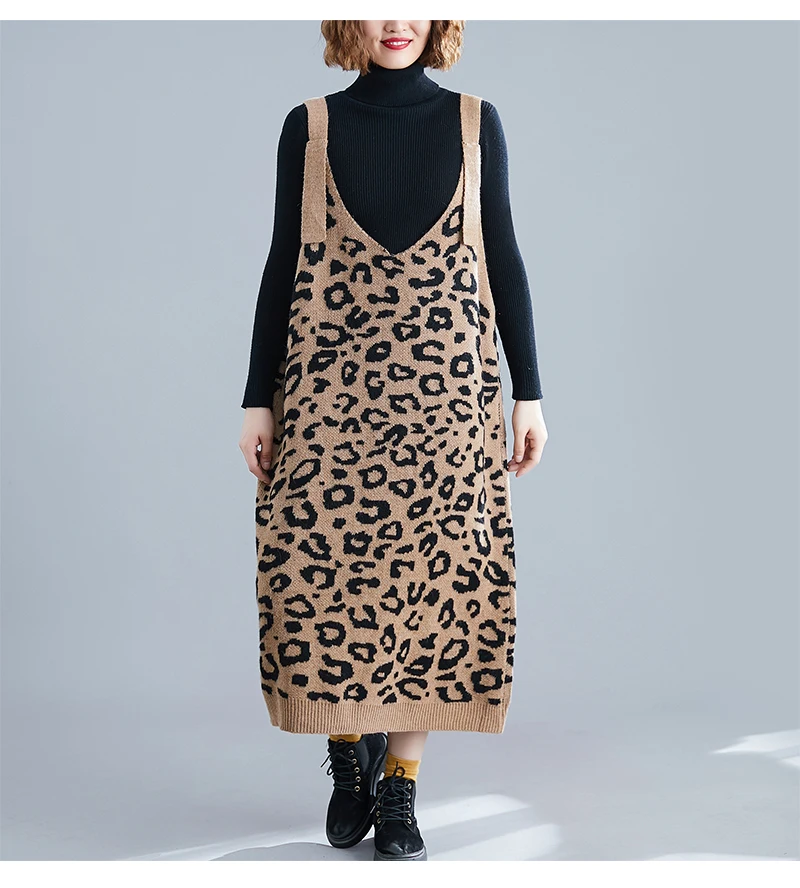 Осень-зима, винтажный комбинезон размера плюс, Леопардовый принт, платье большого размера без рукавов, вязанное платье макси на бретельках для женщин