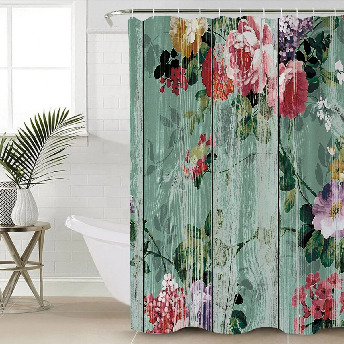 Retro Wood Textured Background For Modern Flower Art Polyester Fabric Bathroom Shower Curtain with Hooks