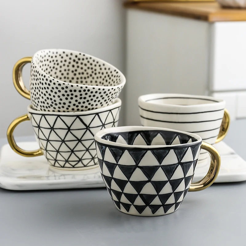 MEILING Creative Hand Painted Big Mugs With Gold Handle Geometry Pattern Ceramic Coffee Tea Milk Cups Irregular Shape Home Decor 4