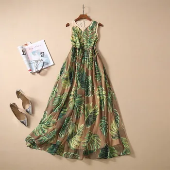 

New European and American women's dresses for spring 2020 Sleeveless round collar Banana leaf printing Fashionable dress