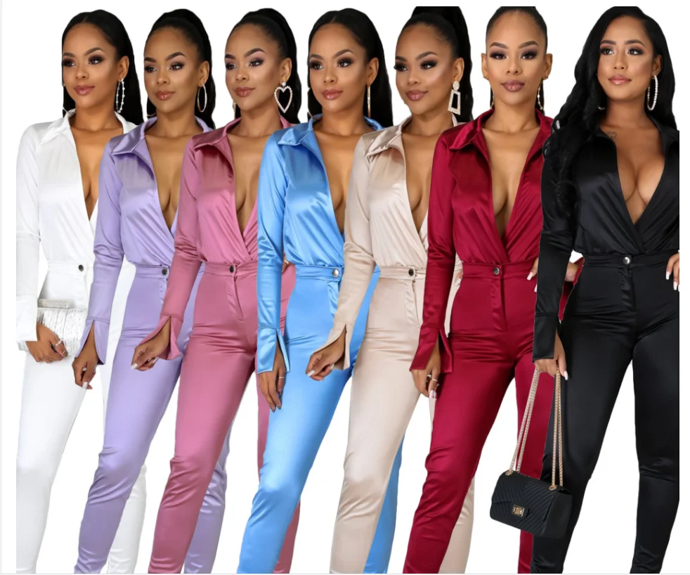 レディース新グラマラスシルクとサテン服ディープvネッククラブパーティーボディスーツ ハイウエストパンツツーピース パンツスーツ Aliexpress