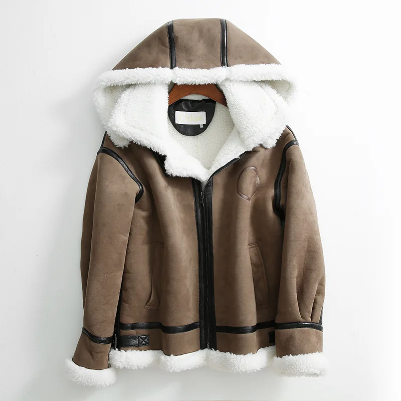 Light Brown Овечья стрижка куртка женская короткая с капюшоном Мех зима свободная повседневная из шерсти ягнёнка, кашемир шерсть зимняя одежда - Цвет: Light Brown