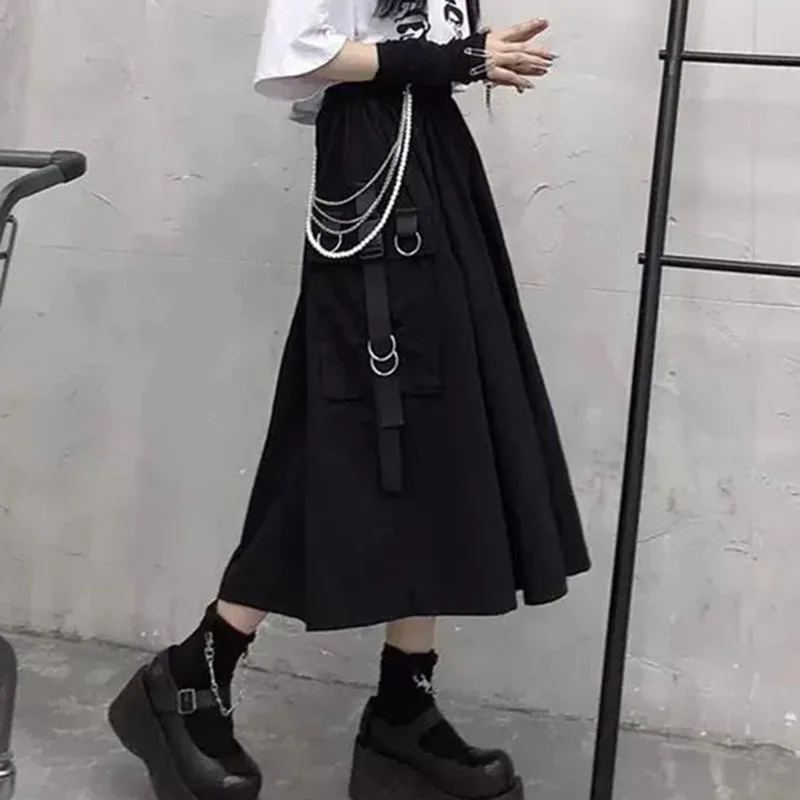 High Waist Loose A-line Skirts women Chain Side Ring Pocket Midi Long Hip Hop Black Skirt | Женская одежда