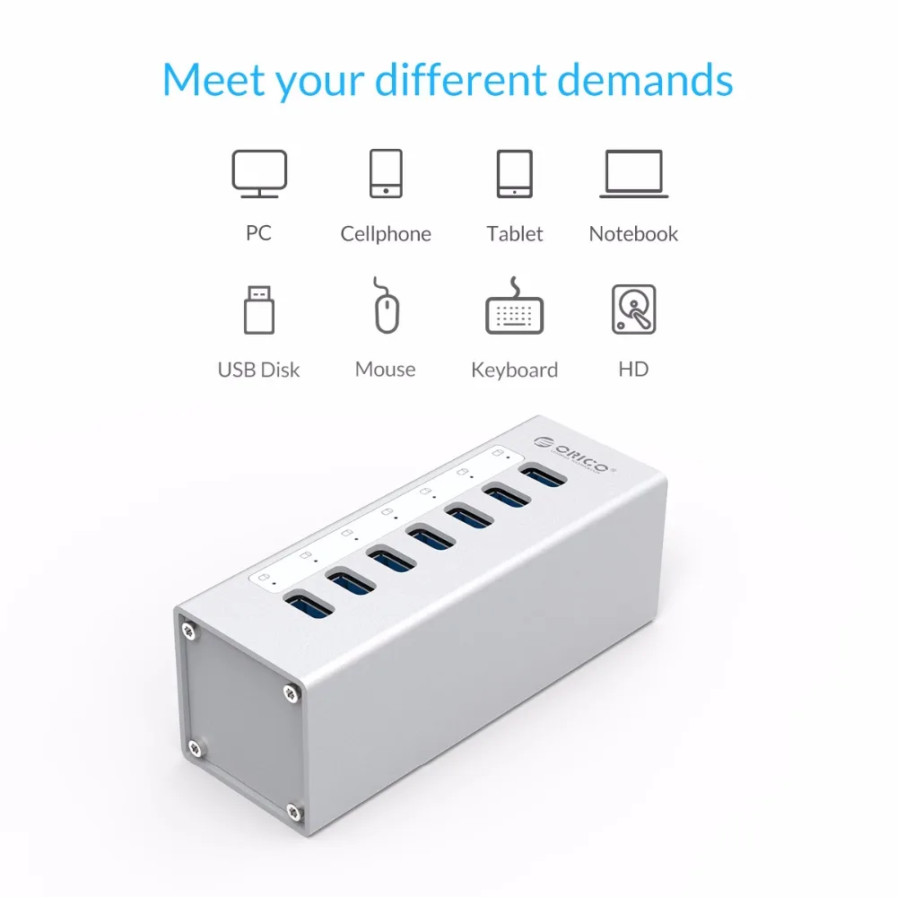 Orico A3h7 Alumínio de Alta Velocidade Usb3.0 Hub Splitter 7-port Usb 3.0 Hub Hub Computador Acessórios do Computador Hub Hub com Porta de Alimentação Novo Design - Imagem 5