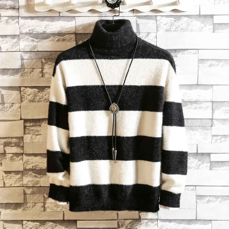 

Winter Turtleneck Sweater Men's Warm Fashion Contrast Casual Knit Pullover Man Wild Loose Long Sleeve Sweater Male Clothes