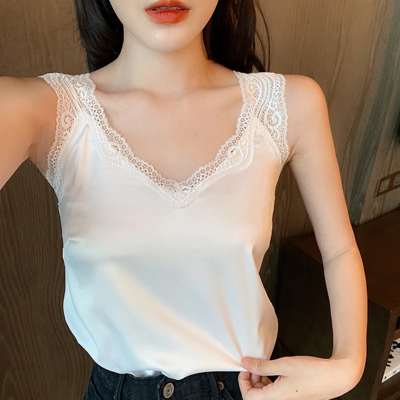 Women's Satin Summer Tops White For Women 2020 V Neck Plus Size XXXXL Sleeveless Lace Tank Tops Summer Female Silk Backless Top Women's Satin Summer Tops White For Women 2020 V Neck Plus Size XXXXL Sleeveless Lace Tank Tops Summer Female Silk Backless Top