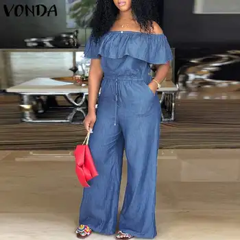 

VONDA Elegant Jumpsuits Summer Overalls Denim Wide Leg Pants Women Sexy Off Shoulder Ruffles Playsuits Plus Size S-5XL Trousers