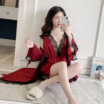 

Satin Wedding Robe Set Women Lace 2PCS Sleepwear Summer Sexy Perspective Nighty&Robe Set Female Kimono Gown Casual Home Wear