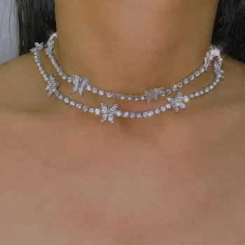 

JUST FEEL Fashion Iced Out Bling Butterfly Choker Pendant Necklace Women Gold Silver Color Tennis Chain Necklace Collar Jewelry