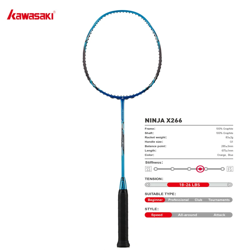 

Kawasaki Rackets Speed Type Structure Racquet For Junior Players NINJA X266 with Free Gift