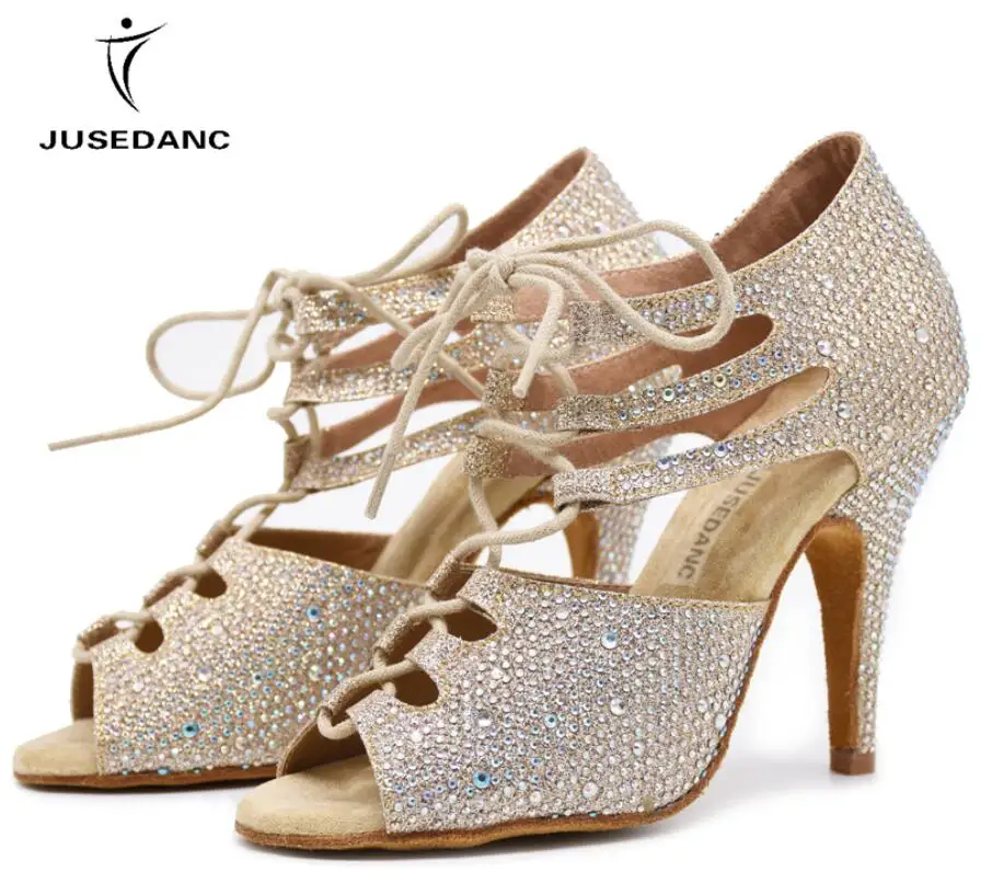 gold heel 6cm Танцевальная обувь для латинских танцев; женская танцевальная обувь на низком каблуке; Танцевальная обувь для девочек; обувь для джаза; женские блестящие стразы; JuseDanc - Цвет: gold heel 6cm