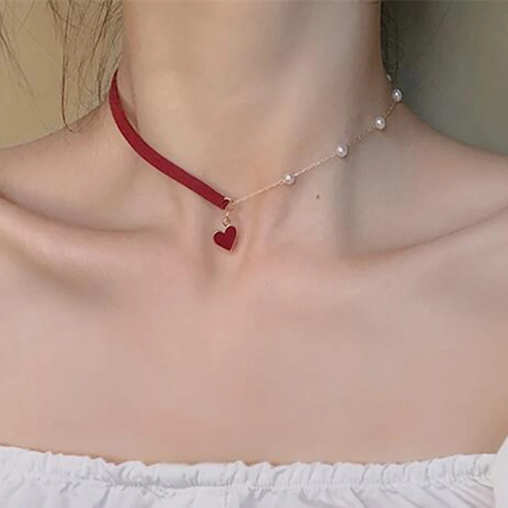 Collar de temperamento de perlas de corazón rojo, collar de moda para mujer, venta al por tipo - AliExpress