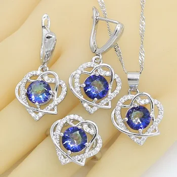 

Blue Rainbow Zircon 925 Silver Jewelry Sets for Women Heart Shape Earrings Rings Necklace Pendant Gift Box