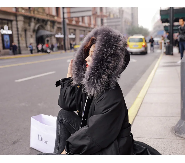 Winter Mid-length over-the-Knee Hooded Thick down Jacket Korean-style Waist Hugging Lace-up Loose-Fit Down Jacket Women's