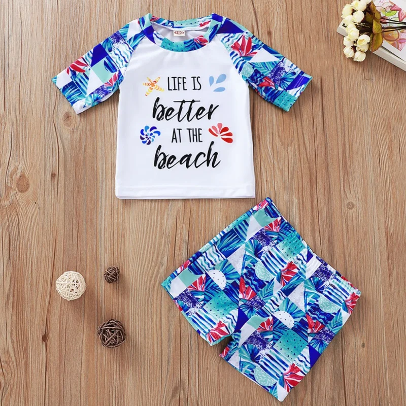 

2020 Swimwear Two-Piece Long Sleeve Shorts Boys Beach Tropical Flowers Print T-Shirt Swimsuit Swimming Pants 1-5T