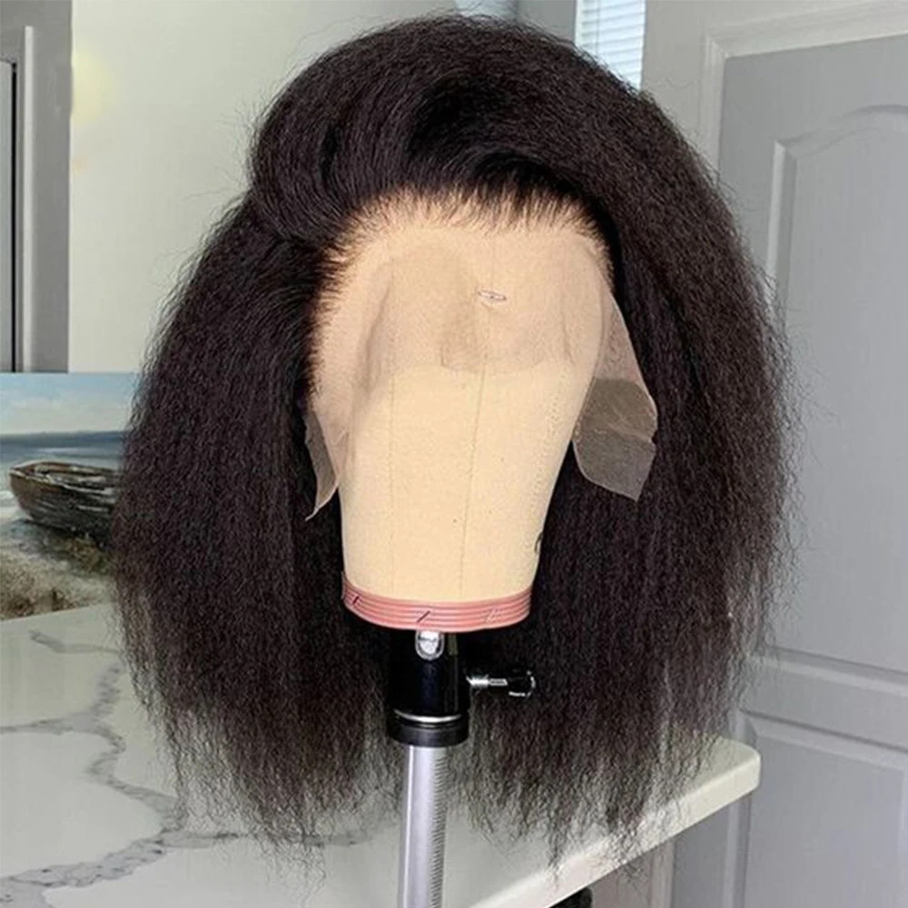 Middle Part Soft Yaki 180 Density Short Bob Kinky Straight Short Cut Wigs Natural Black Lace Front Wig For Women Daily Cosplay Middle Part Soft Yaki 180 Density Short Bob Kinky Straight Short Cut Wigs Natural Black Lace Front Wig For Women Daily Cosplay