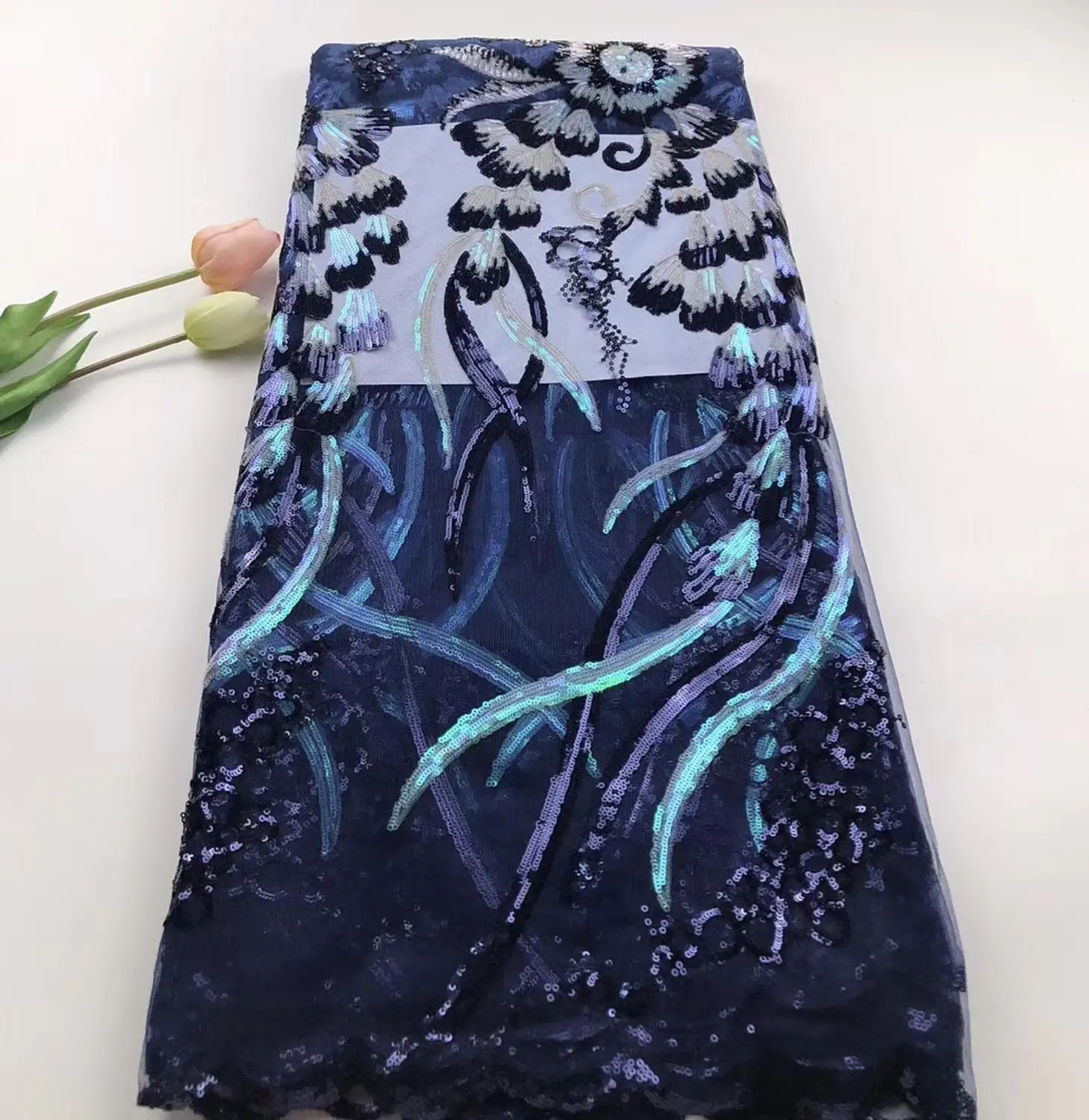 

French lace fabric 5yds/pce sequins embroidery navy blue mesh fabrics women gorgeous luxury lagos party nigerian asoebi 2020