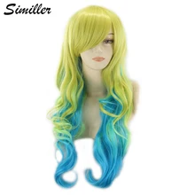 Similler Аниме длинные вьющиеся синтетические парики для косплея зеленый т синий 3 тона термостойкие волосы Омбре парик с челкой