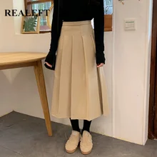 REALEFT Новое поступление осень зима утолщенные Элегантные корейские стильные плиссированные юбки с высокой талией трапециевидные длинные юбки женские юбки