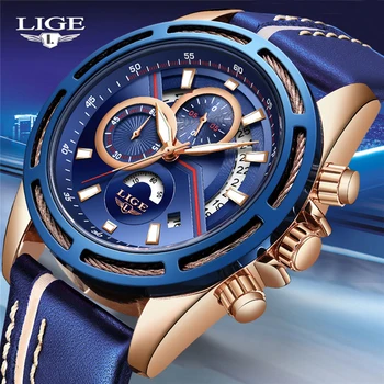 

New LIGE Mens Watches Top Brand Luxury Blue Military Sport Watch Men Leather Waterproof Clock Quartz Wishwatch Relogio Masculino