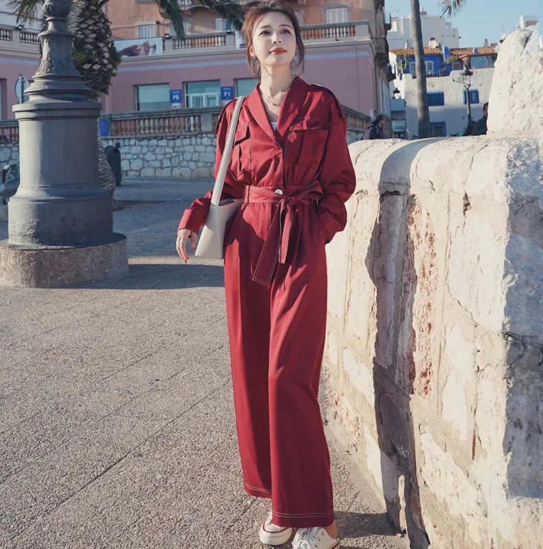 

2020 Spring And Autumn New Youth Popular Solid Color High Waist Overalls Jumpsuit Fashion Casual Wide Leg Pants Red S-XL