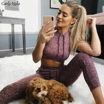 

Carly Nyla 2019 Women Tracksuit Fitness Set Sexy Drawstring Leggings And Pullover Sweatshirt Sleeveless Tops Women 2 Piece Sets