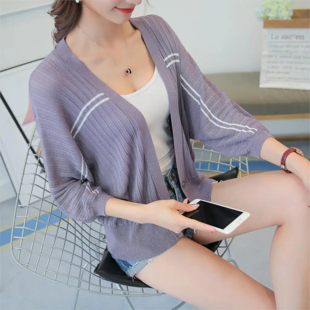 

Lcybhe 2019 Sunscreen cardigan lady summer thin ice silk knitted shirt Korean version loose bat sweater shawl