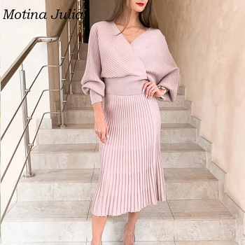 

Motina Julia warm casual knit dress women v neck batwing pleated dress set female 2 pcs sets dress