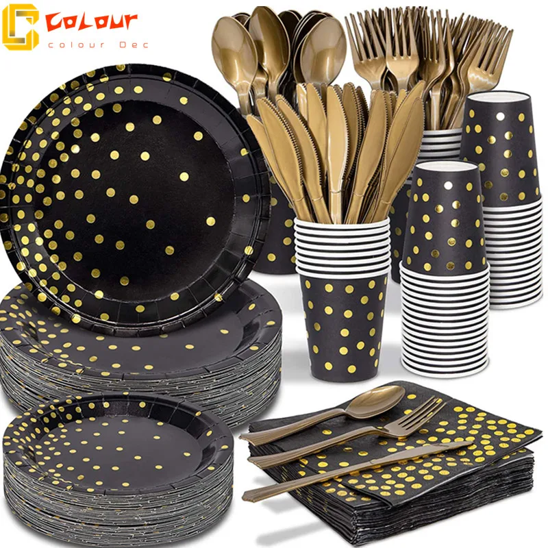 Birthday Hot black Gold Paper Towel Napkin  cup plate spoon  Fork Party Tissue Birthday Wedding Decoration