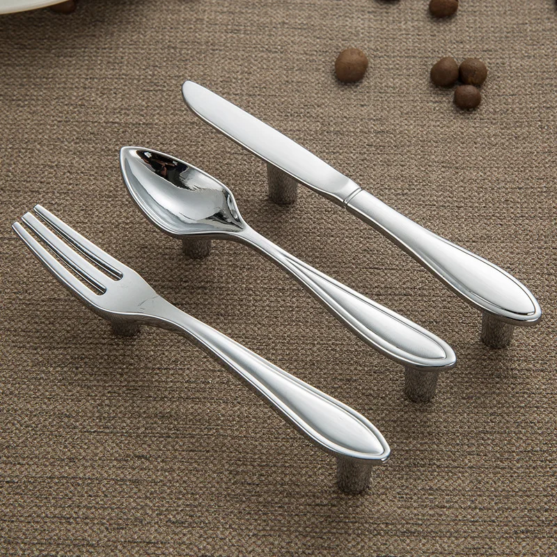 Creative Cutlery Furniture Cabinet Handle Knife And Fork Spoon Black Cupboard Kitchen Knobs Drawer Door Pull 76 Hole Distance