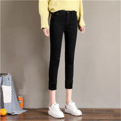 black black fleece Зимние флисовые джинсовые брюки-карандаш ярких цветов, женские теплые плотные джинсы, модные обтягивающие однотонные джинсы, брюки-стритбрючки, P9194 - Цвет: black black fleece