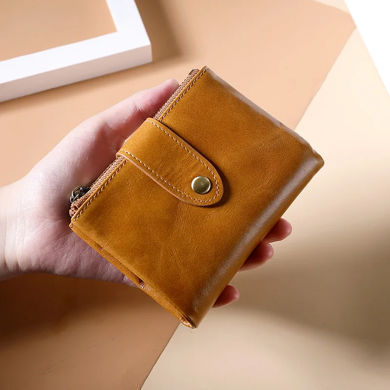 

Men's Wallet Oil Wax 100% Cowhide Double Zipper Rfid Multi-function Retro Wallet with Coin Pocket High Quality Male Purse