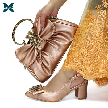 

New Arrival Italian design Shoes with Matching Bags Set Decorated with Rhinestone Shoes and Bag Set in Champagne Color
