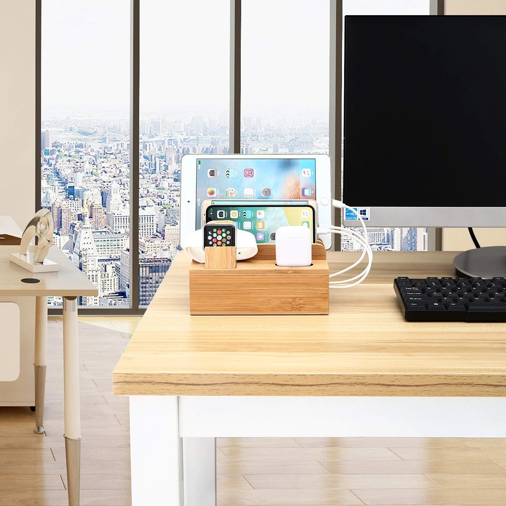  Multifunctional Mobile Phone Holder Stand Bamboo Station Dock Desktop Docking Station Organizer For