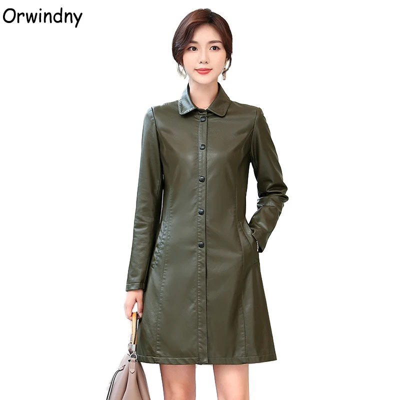 

Orwindny Spring Women's Leather Trench Army Green Long Leather Coat For Autumn Winter Slim Fashion Female Jacket Outwear Suede