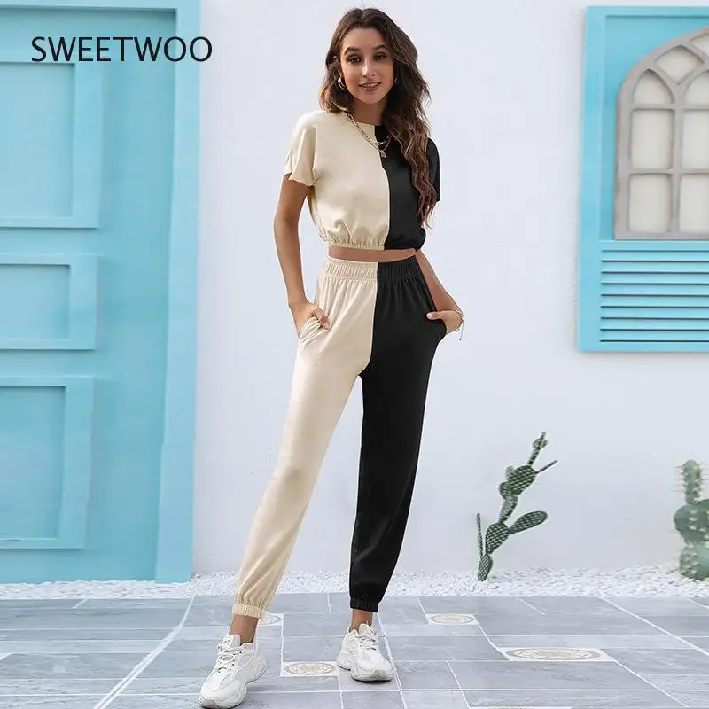 Contrast Color Tracksuit Women Two Piece Set Summer Clothes Short Sleeve Crop Top + Pants Sweat Suit Casual Women's Sets Outfits