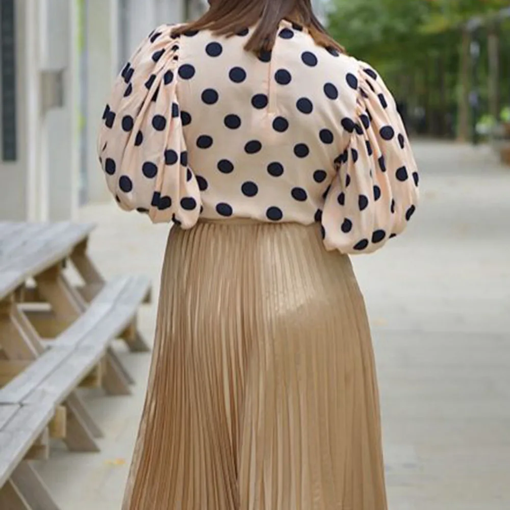 Spring Round Neck Casual Female Blouse Puff Sleeve Polka-dot Print Stitching Women's Top African Office Ladies Workwear Shirts - 4.00067E+12