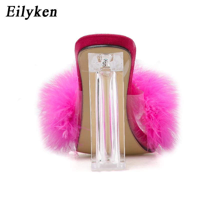 Eilyken; модные дизайнерские меховые шлепанцы с открытым носком; Прозрачная женская обувь на высоком каблуке с кристаллами; прозрачные женские босоножки на квадратном каблуке