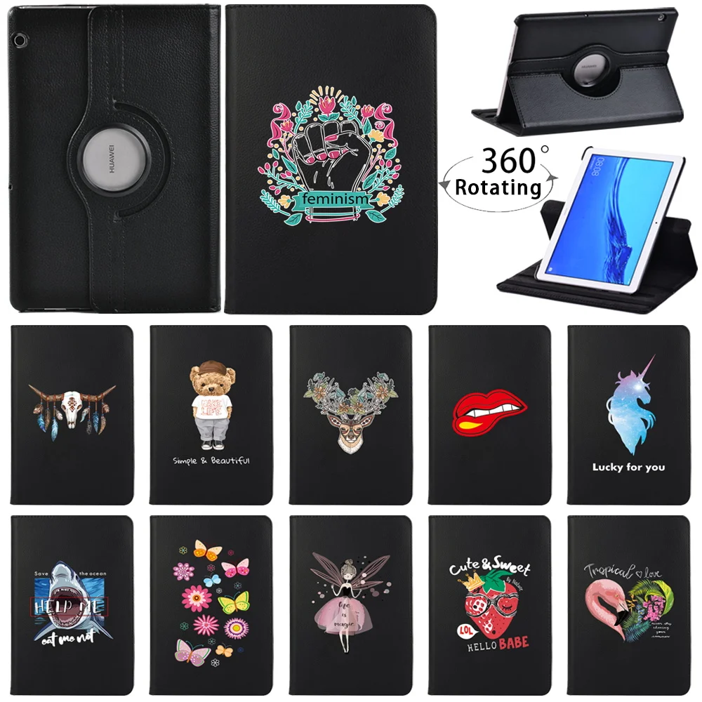 

For Huawei MediaPad T3 10 9.6"/T5 10 10.1" Tablet PC Case 360-degree Rotatable Smart Funda Pu Leather Smart Case + Stylus