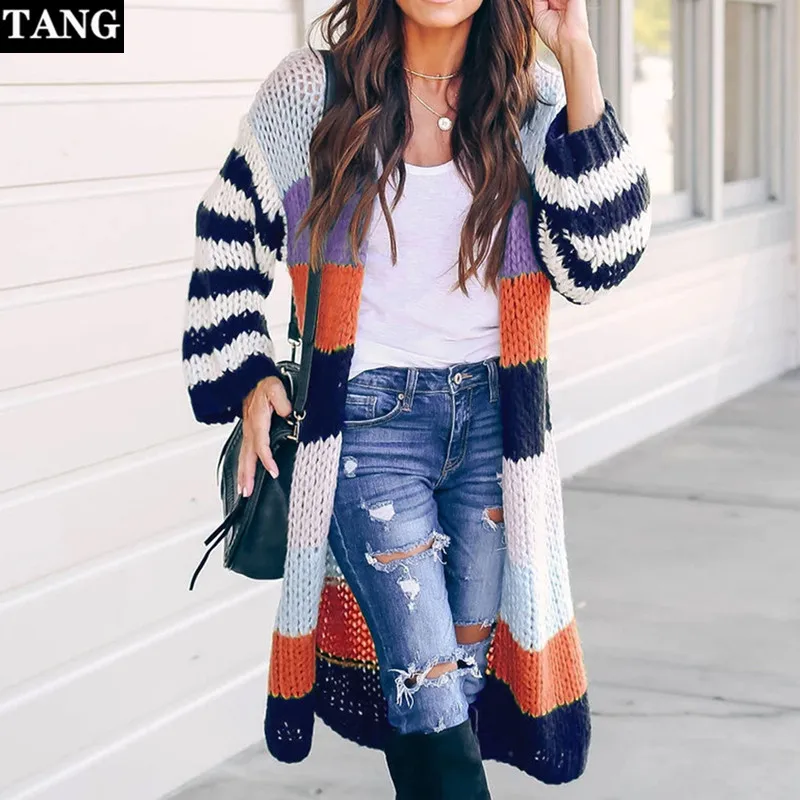 

Women Casual Solid Stitching Cardigan 2019 Autumn Winter New Hit Color Stripe Sweater Coat Female Loose Long Knitted Jumper