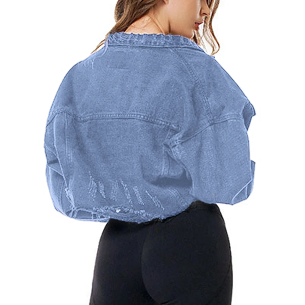 Litthing Женская Сексуальная рваная укороченная джинсовая куртка черная синяя с длинным рукавом короткая джинсовая куртка Высокая уличная однобортная короткая куртка