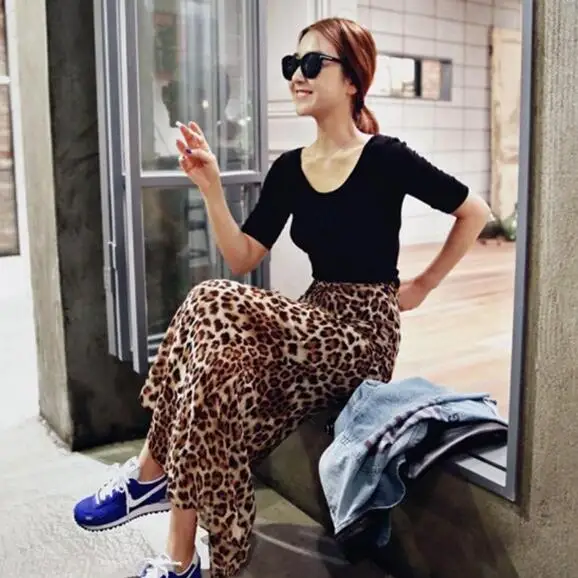 Женские леопардовые длинные юбки с принтом новые летние тонкие гофрированные шифоновые юбки женский купальный костюм юбка с эластичной талией DC454