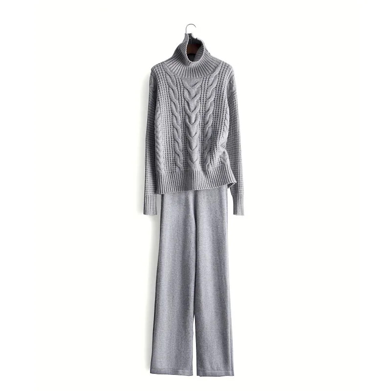 

2019 Time-limited Women Knit Suit 45% Cashmere + 30% Wool 2 Piece Turtleneck Sweater And High Waist Wide Leg Pants Two-piece