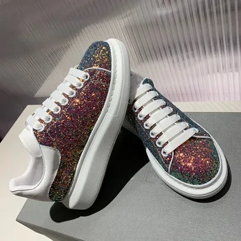 

Glitter Platform Women Casual Shoes Sequined Upper Rubber Outsole Sneakers Outdoor Lace-up Genuine Leather Vulcanized Flat Shoes